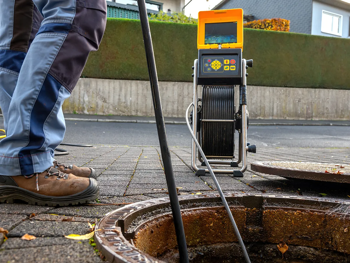 Technician using sewer camera equipment to assess underground damage and determine pipe relining cost.