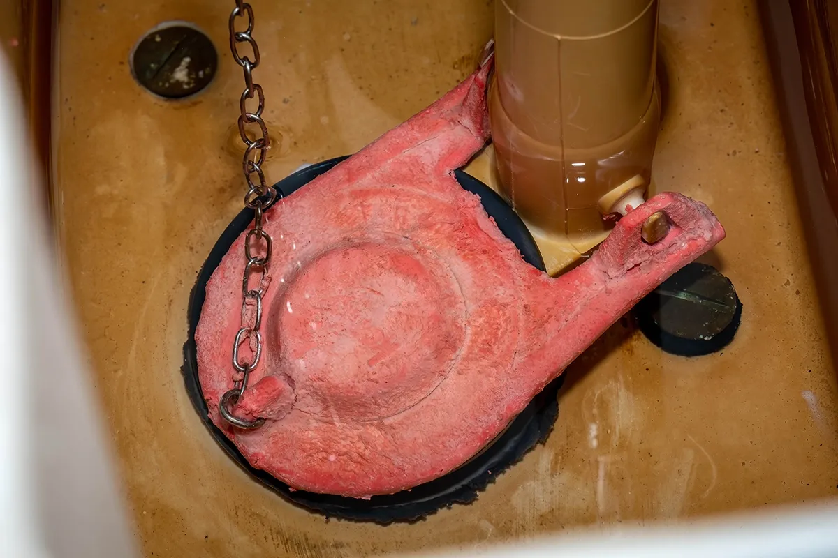 Toilet won't flush due to worn flapper and chain inside tank