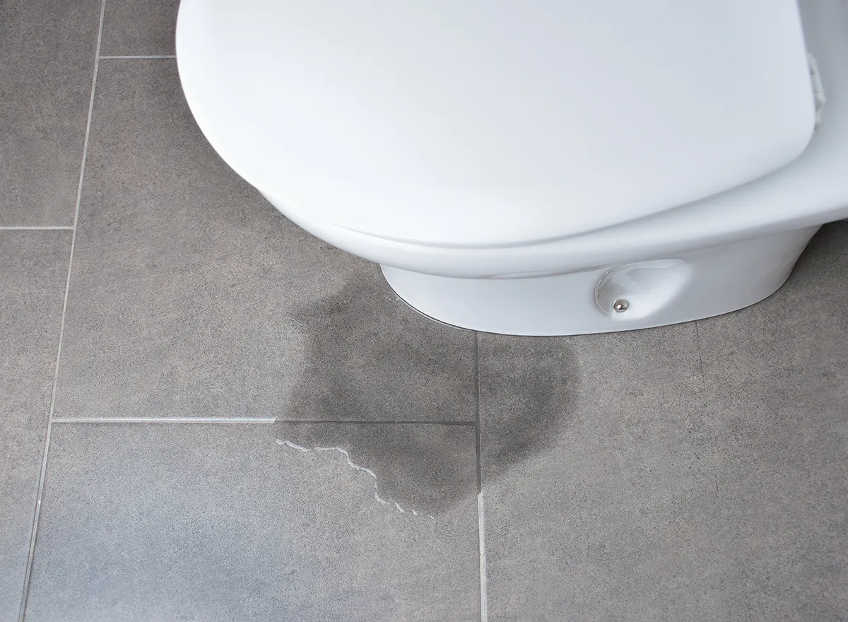 Toilet leaking at base with water pooling on gray bathroom tile floor