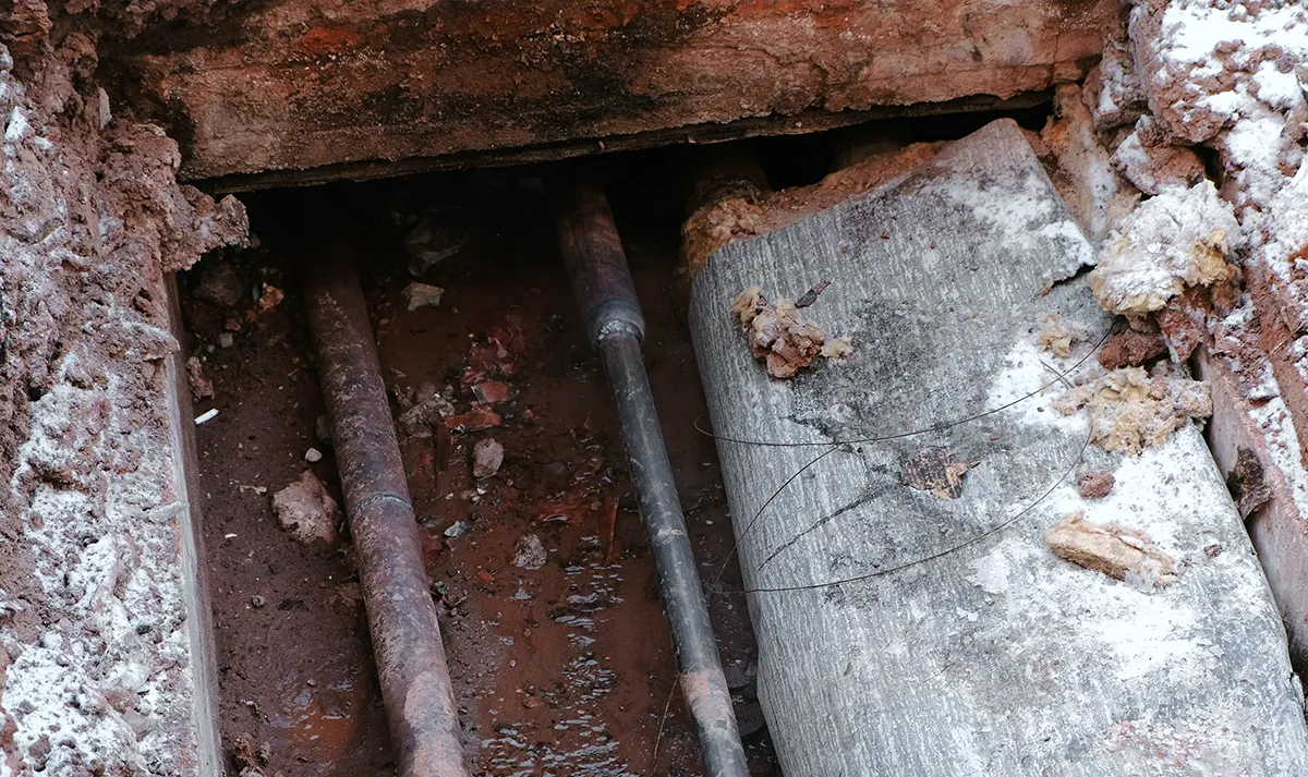 Slab leak repair showing exposed underground pipes beneath a concrete foundation
