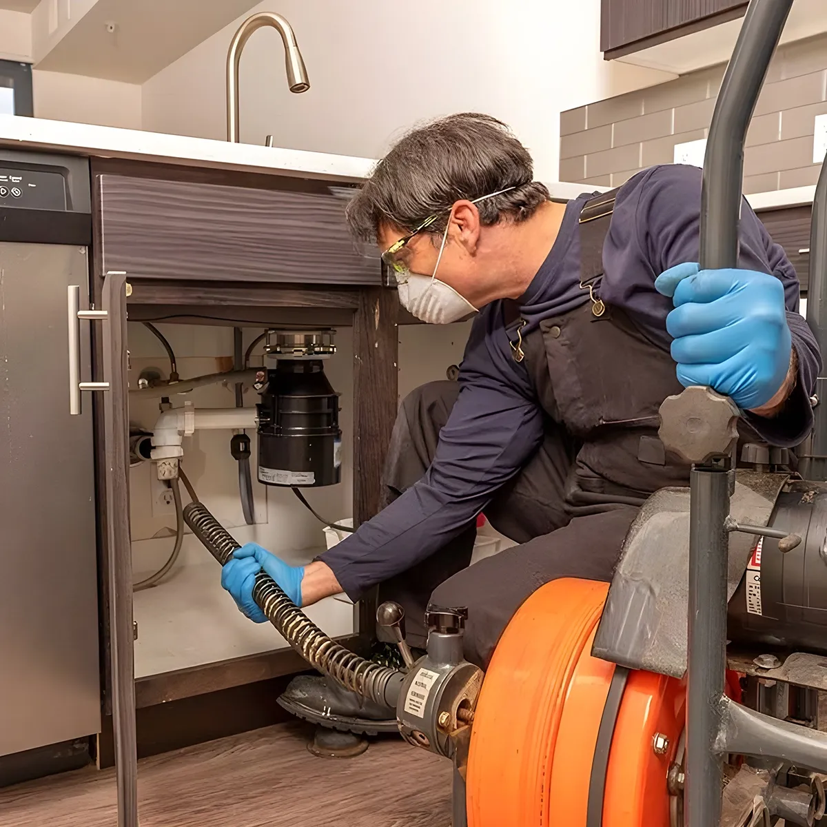 Plumber using a motorized drain snake beneath a kitchen sink for the best drain cleaning Dallas service